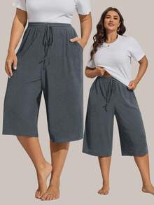 Comfylo 加大码女式夏季黑色丝滑超薄功能性针织罗纹面料亲肤顺滑不粘腻纯色休闲运动基础款短裤，带口袋，前抽绳松紧腰，高腰显瘦直筒宽松及膝短裤 - 霧霾藍 - 查看 1