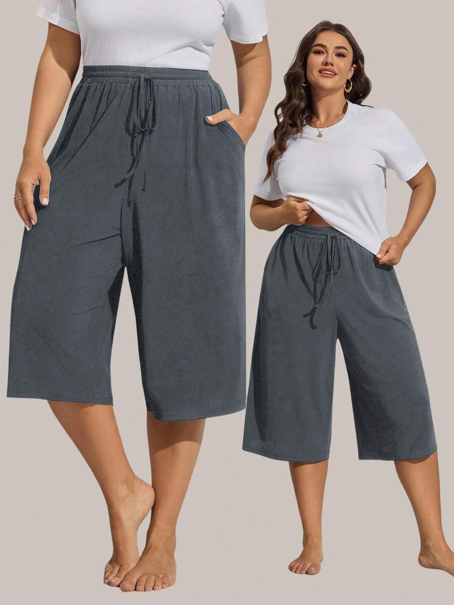 Comfylo 加大码女式夏季黑色丝滑超薄功能性针织罗纹面料亲肤顺滑不粘腻纯色休闲运动基础款短裤，带口袋，前抽绳松紧腰，高腰显瘦直筒宽松及膝短裤 - 霧霾藍 - 查看 1