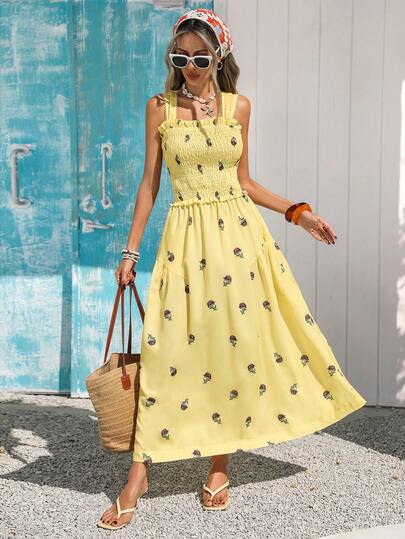 Vivid Eden Women's Sleeveless Square Neck Fashion All-Over Print Summer Dress, Digital Printing,Vacation,Vacation Style,Butter Yellow,Butter Yellow Dress,Women's Square Neck Ditsy Floral Dress,Summer Vacation Outfits,Beach Vacation Outfits For Women,Dress For Wedding Guest,Valentine Outfits For Women,Summer Holiday Outfits