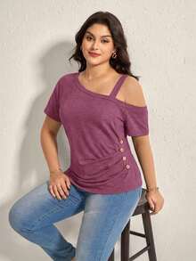 Comfylo 大码女式纯色不对称领短袖侧扣休闲T恤 - 中紫紅色 - 查看 7
