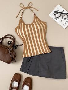 Muvela New Khaki Striped Adjustable Beaded Tie-Up Neck Knit Top, Elegant Urban Commuter Wear For Women, Spring/Summer - Coffee Brown - View 6