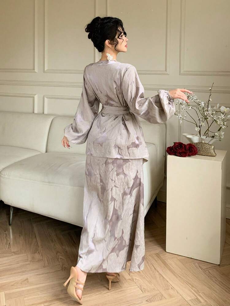 2pcs Women Elegant Jacquard Jacket & Dress Set