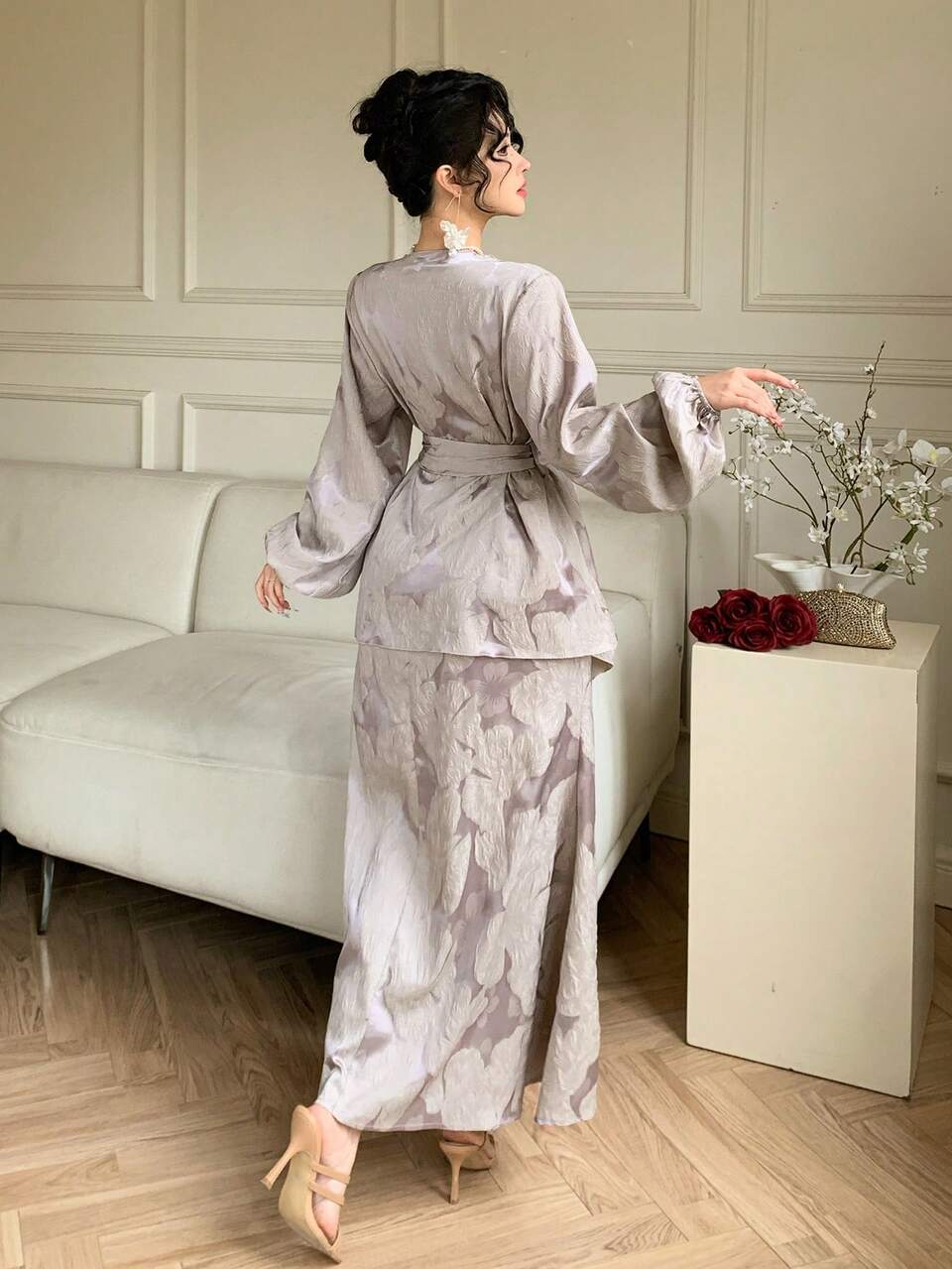 2pcs Women Elegant Jacquard Jacket & Dress Set