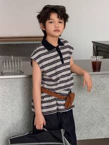 DAZY Áo thun tay ngắn cổ polo kẻ sọc dành cho bé trai tuổi teen - Màu xanh hải quân - Xem 2