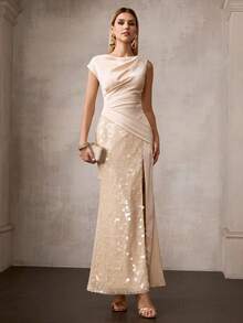 MOTF Soiréza Đầm maxi dự tiệc cổ thuyền thanh lịch dành cho nữ, với chi tiết nhún eo và xẻ tà cao, chất liệu satin kết hợp sequin lấp lánh, phù hợp cho các sự kiện buổi tối và lễ kỷ niệm trang trọng, đám cưới, dạ hội, đêm giao thừa. - Rượu sâm banh - Xem 7