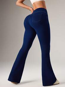 Dewbera 女士牛仔运动裤 高腰针织喇叭裤 提臀塑形 百搭休闲 - 藍色 - 查看 3