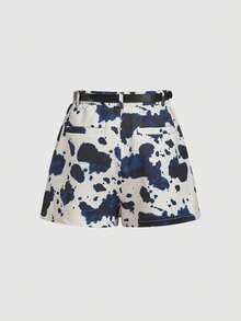 SHEIN MOD Quần short mùa hè dáng suông, thắt eo họa tiết da báo. - Màu xanh hải quân - Xem 2