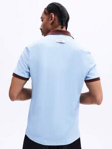 SUMWON 罗纹 Polo 衫，撞色领口和袖口饰边，纽扣门襟，夏季休闲男装，短袖，常规版型 - 藍色 - 查看 4