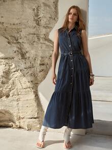 MOTF PREMIUM 无袖牛仔腰带连衣裙，春夏款 - 中等水洗藍 - 查看 5