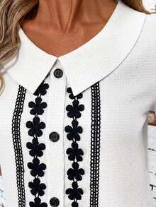 SHEIN Clasi 女士纯色前扣短袖休闲上衣，日常穿着，外出上衣，夏季 - 白色 - 查看 7