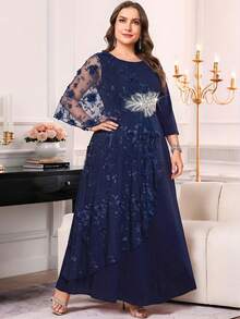 Reflora 大码优雅派对连衣裙，饰有3D立体花卉刺绣和网纱拼接 - 藍色 - 查看 6