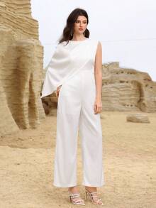 Modelyn 女士优雅缎面亮片无袖连体裤，时尚高端 - 白色 - 查看 7