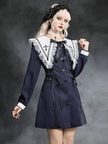 ROMWE Goth 哥特式暗黑娃娃十字尖领撞色蕾丝条纹修身A字迷你连衣裙 - 藍色 - 查看 1