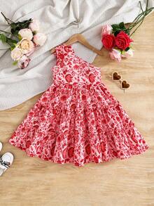 Emery Rose Kids 少女碎花无袖荷叶边休闲连衣裙 - 玫紅色 - 查看 2