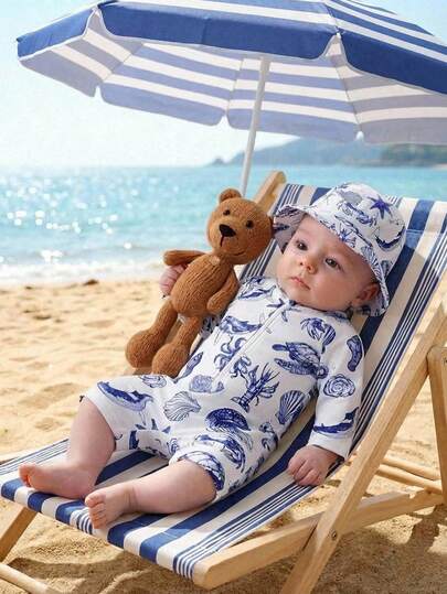 SHEIN Paquete de 2 trajes de baño de manga larga con estampado de conchas marinas, estilo casual y lindo, perfecto para primavera/verano, uso en casa, salidas, viajes, vacaciones, playa, fiestas en la piscina