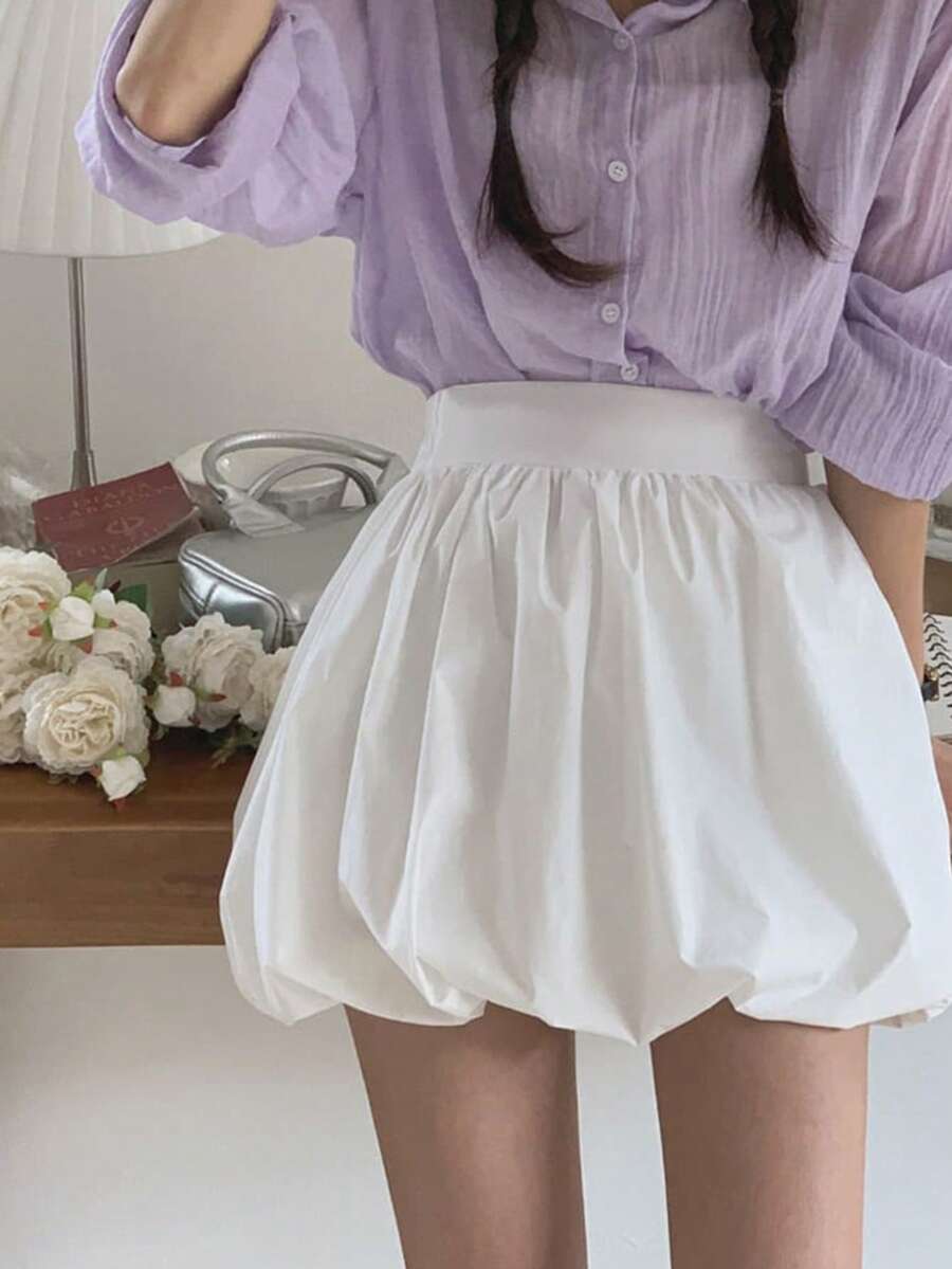 DAZY 少女高腰纯色休闲时尚泡泡裙 - 白色 - 查看 1