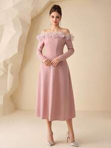 Modelyn 女士优雅A字连衣裙，露肩荷叶边装饰，收腰设计，春夏款 - 粉色 - 查看 7