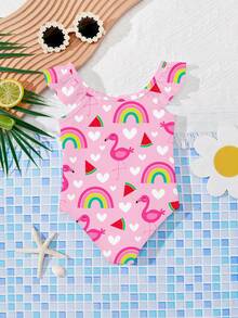 SHEIN Cute Hand-Painted Flamingo, Rainbow, Watermelon Pattern Baby Girls Casual Slim-Fit One-Piece Swimsuit, Suitable For Summer Vacation And Beach, #Coconutgirl - Pink - View 4