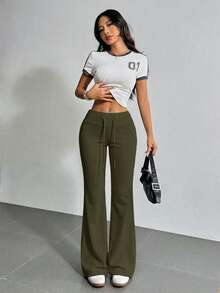 SHEIN EZwear Quần ống loe nữ màu trơn dáng rộng có dây rút ở eo - xanh quân đội - Xem 5