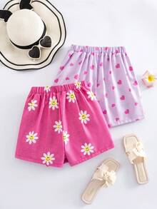 Elladie kids 2件套女童活力度假向日葵、爱心、笑脸仿牛仔印花不对称短裤，蓝粉组合，适合夏季外出穿着 - 彩色 - 查看 2