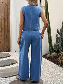 SHEIN Maternity V-Neck Single-Breasted Sleeveless Top And Wide-Leg Jeans Casual Outfit - Blue - View 2