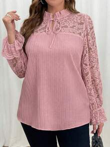 Reflora Plus Size Women Contrast Lace Frill Trim Tie Neck Elegant Blouse - Coral Pink - View 3