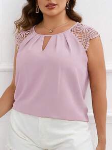 SHEIN Clasi Plus Size Women's Solid Color Keyhole Neck Contrast Lace Raglan Sleeve Elegant Blouse - Lilac Purple - View 1