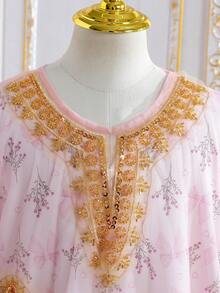 少女两件套中东风格长袍套装，杏色长袖童装，节日服装 - 粉色 - 查看 6