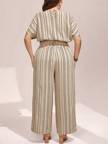 Comfylo 2pcs/Set Plus Size Striped Outfit,Round Neck Batwing Blouse & Wide Leg Pants,Beige Summer Smart Casual Vacation Drawstring Waist Co Ord Sets For Women - Multicolor - View 3