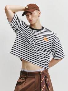 TOKVUE 男士落肩短袖条纹休闲宽松印花T恤，夏季 - 黑與白 - 查看 5