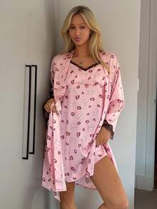 DAZY 豹纹和卡通猫印花撞色蕾丝边腰带睡袍和吊带睡裙睡衣套装 - 粉色 - 查看 4