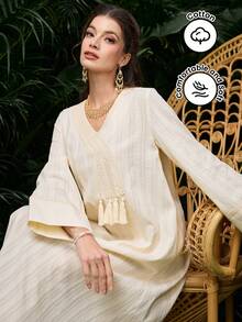 Al Najma New Jacquard Patchwork Fringe Trim Long Robe, Turkish Kaftan - Apricot - View 1