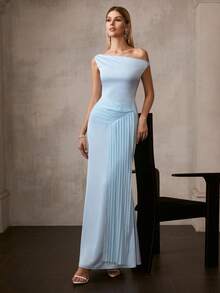 MOTF Soiréza WOMEN'S ELEGANT FORM-FITTING SLEEVELESS ASYMMETRIC NECKLINE MAXI SATIN PARTY GOWN – ASYMMETRIC PLEATED DRAPED SIDE, FLATTERING SILHOUETTE | PERFECT FOR WEDDINGS, GALAS & FORMAL EVENINGS - Baby Blue - View 7
