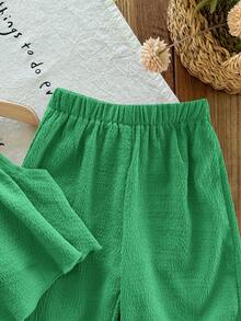 SHEIN LMoss Kids 2件套女婴纯色无袖背心和宽松休闲裤套装 - 綠色 - 查看 4