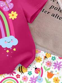 SHEIN Bộ áo thun ngắn tay cổ tròn và quần legging cho bé gái, kiểu dáng thường ngày dễ thương, in hình hoa, mặt cười, cầu vồng, côn trùng, bướm, thích hợp cho mùa xuân/hè. Quần áo bé gái, bộ đồ bé gái, bộ đồ bé gái, bộ đồ cầu vồng cho bé gái, bộ đồ mùa hè cho bé gái, bộ đồ thường ngày cho bé gái, bộ đồ ngắn tay cho bé gái. - Nhiều màu - Xem 4