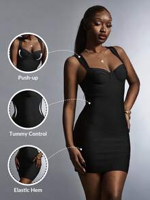 Amplova Đầm hai dây ngắn kiểu corset tối giản gợi cảm màu trơn dành cho nữ - màu đen - Xem 1