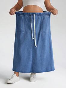 SHEIN CURVE+ Plus Size Dark Blue Summer Casual Everyday Denim Maxi Skirt,Women's High Rise Elastic Waist Drawstring Loose A Line Long Skirt With Pockets - Light Wash - View 5