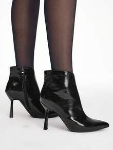 Mnmlis 女士尖头侧拉链设计时尚日常高跟踝靴情人节特惠 - 黑色 - 查看 10