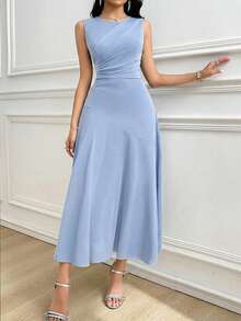Modelyn 女士优雅纯色褶皱圆领无袖连衣裙 - 淺藍色 - 查看 4