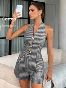 Lavishia 女士条纹露背单排扣上衣和口袋短裤两件套，时尚通勤和外出穿着 - 黑色 - 查看 4