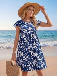 Sylviya 女士白色底蓝色碎花连衣裙，荷叶边下摆，适合春季穿着 - 藍白色 - 查看 5