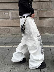 STEELVANCE Streetwear Casual Loose Fit Letter & Bull Head Print Rivet Design Straight Leg Jeans - White - View 4