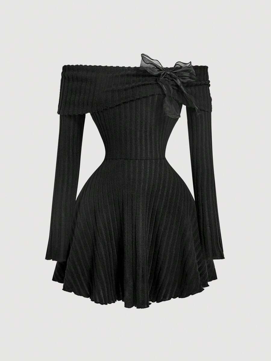 SHEIN MOD 露肩喇叭袖蝴蝶结装饰连衣裙 - 黑色 - 查看 1