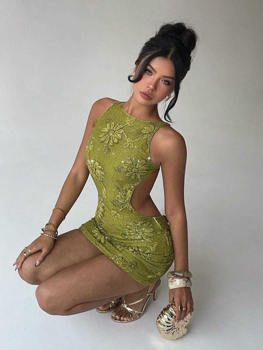 Aloruh 优雅性感露背迷你连衣裙，适合情人节、婚礼、海滩、派对等场合，绿色纯色，饰有3D立体花卉刺绣。