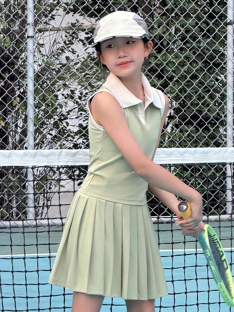 Girls Casual Polo Collar Top And Skirt Set, Sports Outfit