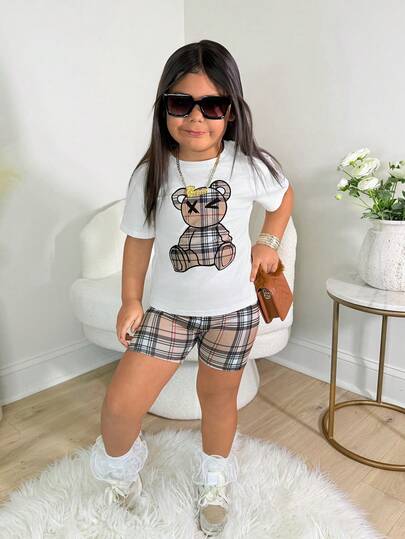 2pcs/Set Young Girl Fashion Casual Round Neck White Bear Plaid Print Short Sleeve Top And Tight Plaid Print Leggings Outfit