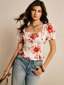 Poéselle Women's Floral Print Twist Design Ruched Casual Everyday Petal Sleeve Blouse,Red Top,,Going Out Top, Summer Holiday Top,Vacation Outfits Women,Country Style For Women ,Perfect For Vacation, Travel, Weekend, And Tea Break Wear,Spring/Summer,Summer Top Tops For Women Summer Cute Latest Tops For Women New Arrivals Tops For Women Girly Tops For Women Affordable Tops For Women - Apricot - View 4