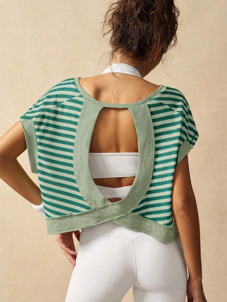 VARSIVA Workout Women Tops Women Striped Fashion Sports T-Shirt & Tank Top, Suitable For Summer - Green - View 1
