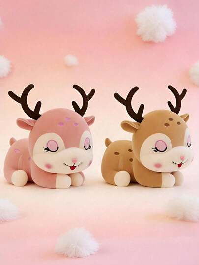 POKOJA LAND - BESTSELLERS 7.87 Inch Sika Deer Plush Toy Soft Plush Dee Doll With Long Antlers, Vivid Cute Expression, Brown And Pink Optional Photo Prop, Kids Sleeping Pillow, Desktop Decor, Birthday/Christmas Gift