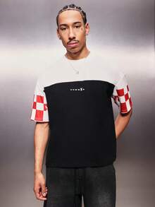 PLAYBOY X SUMWON Flame Logo Color Block Short Sleeve Crew Neck Regular Fit Number 53 Varsity Style Graphic Back Print Cotton Casual Streetwear Summer Weekend Wear - Black - View 4